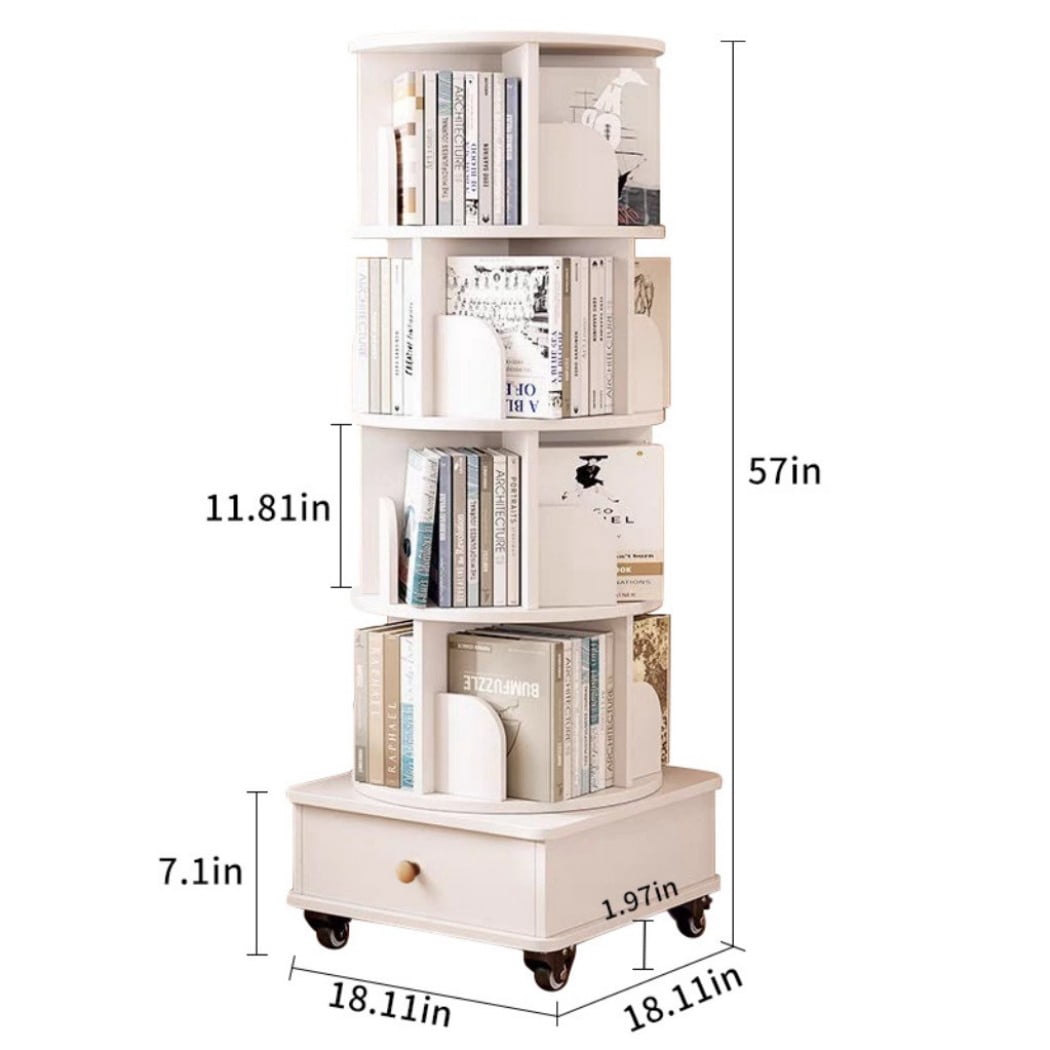 5-Tier Rotating Bookshelf with Drawer, 360° Spinning Corner Bookcase, Narrow Space-Saving Floor Standing Storage Rack for Bedroom, Living Room, White