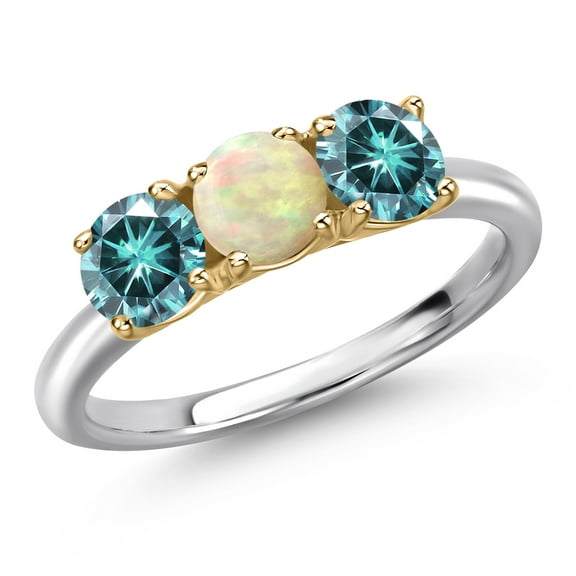 Gem Stone King 10K Two Tone Gold White Ethiopian Opal and Blue Moissanite Engagement Ring for Women | 1.30 Cttw | Round Cabochon 5MM | Gemstone October Birthstone | Size 9