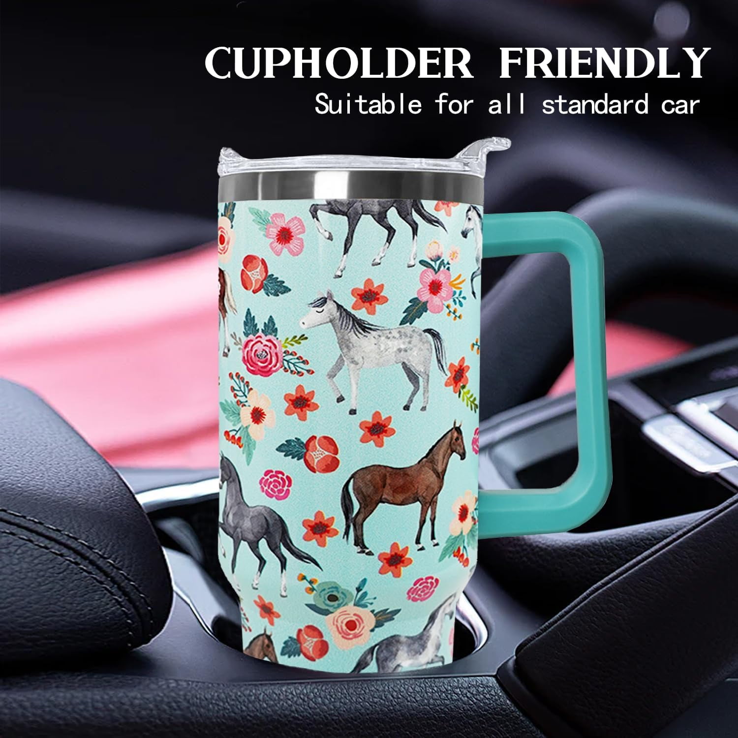 40oz Horse Tumbler with Handle - Insulated Travel Mug, Water Bottle with Equestrian Design - Gift for Women