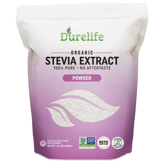 Durelife 100% Pure stevia extract sweetener 16 oz | No Erythritol, NON-GMO Project Verified, No Fillers, Zero Calorie Sugar Substitute | No Aftertaste | 16 oz