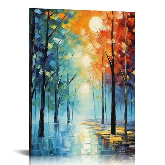 JRXY  - Colorful Pallet Knife Painting Artwork Print on Canvas for Wall Decor, Forest Wall Art Path After Rain Painting Park Landscape Colorful Wall Art Set Abstract Pictures 12x16 in
