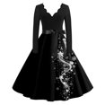 thumbnail image 7 of Women's Casual Fashion V-Neck Long Sleeved Retro Christmas Print Retro Dress, Holiday Print, Audrey Style, Party Wear, Casual Dress, Festive,Black,2XL, 7 of 7