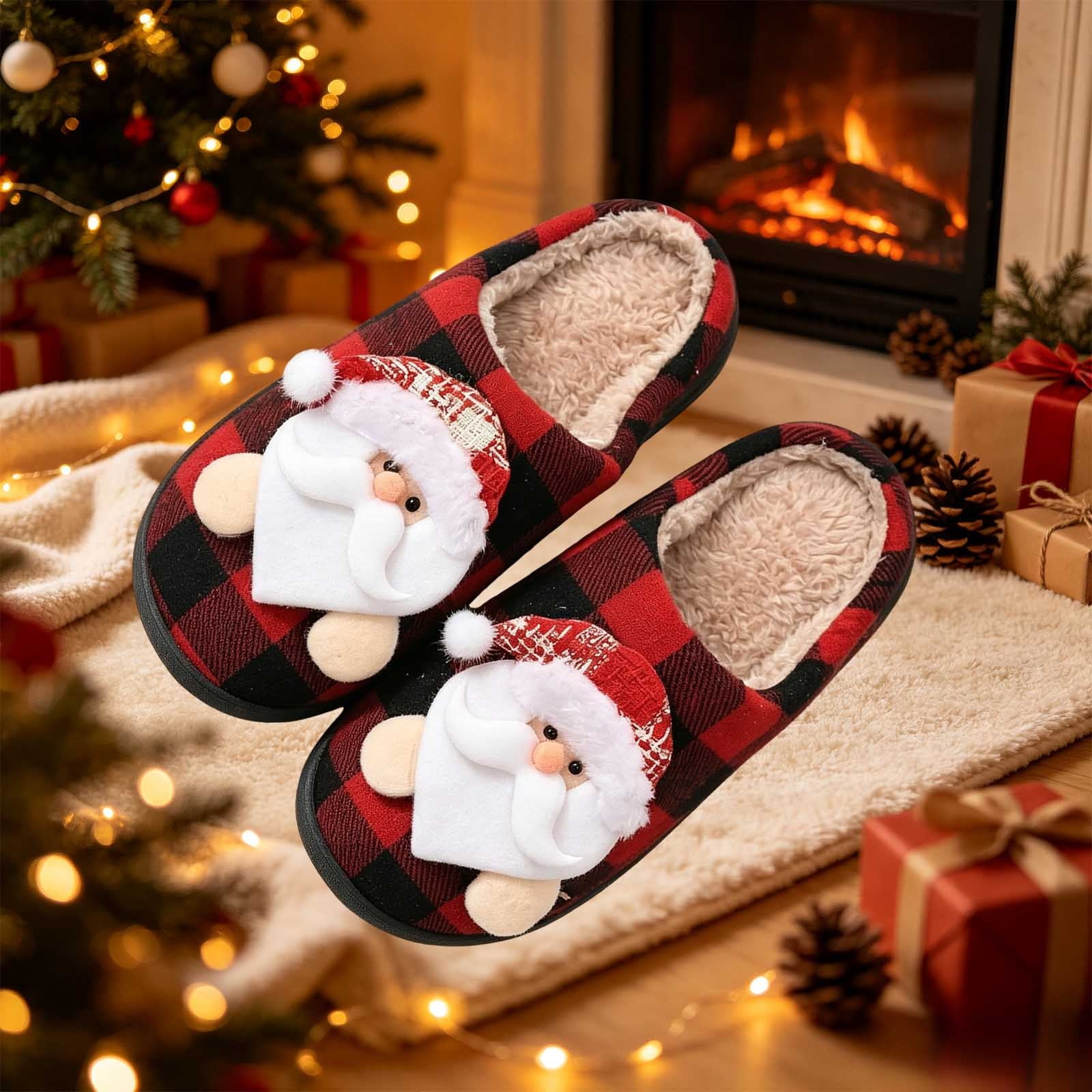 Zylanna Mens House Slippers with Santa Applique, Slip‑on Fuzzy Lining Warm Plaid Flat Sole Holiday Indoor Slide Slippers Red