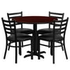 Flash Furniture 36'' Round Mahogany Laminate Table Set with X-Base and 4 Ladder Back Metal Chairs - Black Vinyl Seat