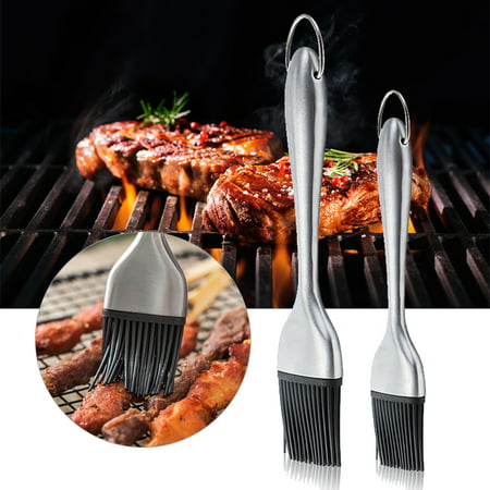 Stainless Steel BBQ Basting Brush, Sauce Basting Brush Set of Two, Heat Resistant Silicone Bristles, 12.6 Inch and 8.4Inch -Great For BBQ Meat,Grill,Cakes and