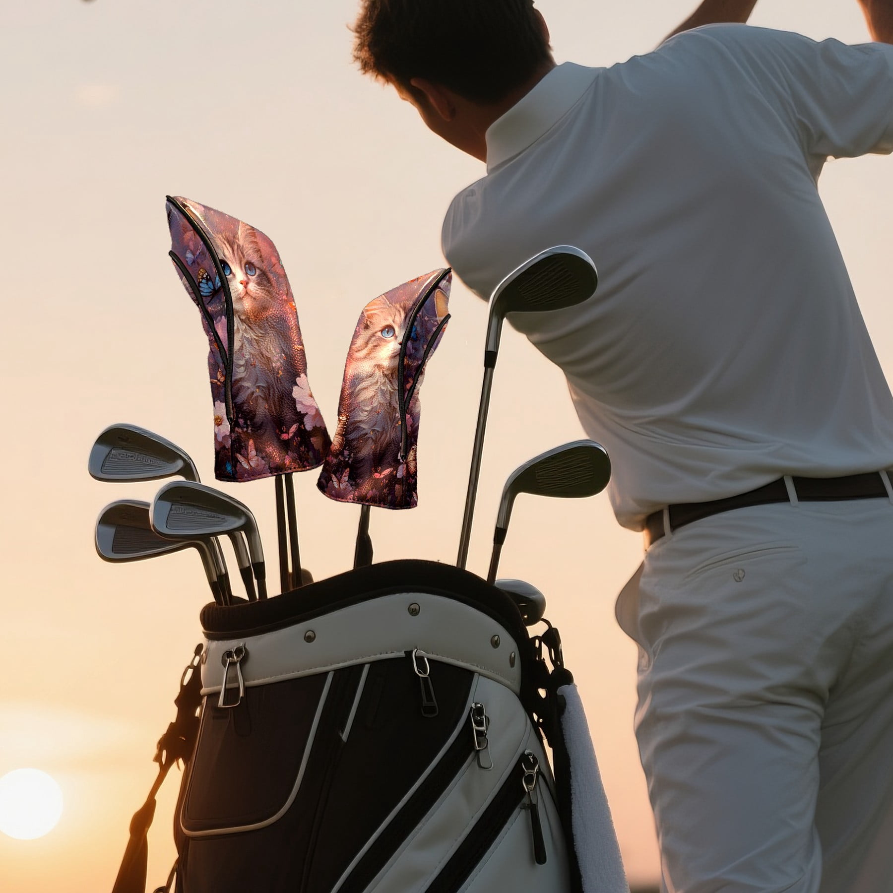 Golf Club Head Covers - Dream Cat Design, PU Leather, Waterproof, Fits Fairway Woods/Hybrid, Unisex, Fits Most Brands