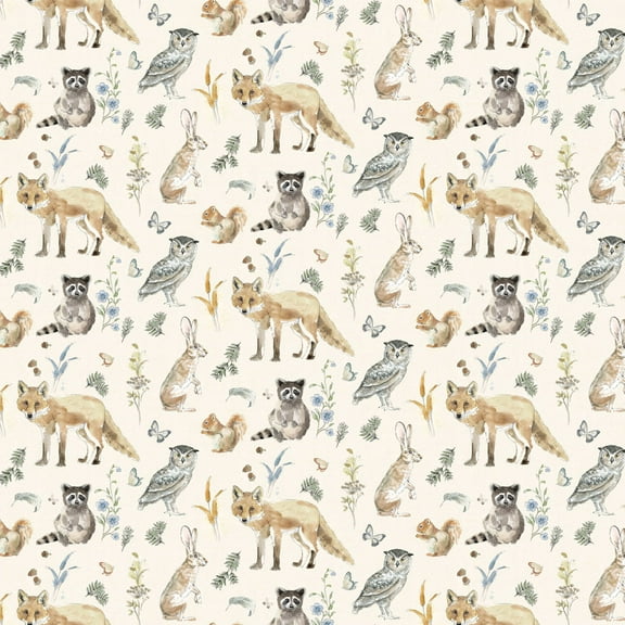 Cotton Wildwood Digital Animals Northwoods Creatures Racoons Foxes Owls Plants Clothworks Cream Cotton Fabric Print by the Yard (Y4371-57CREAM)