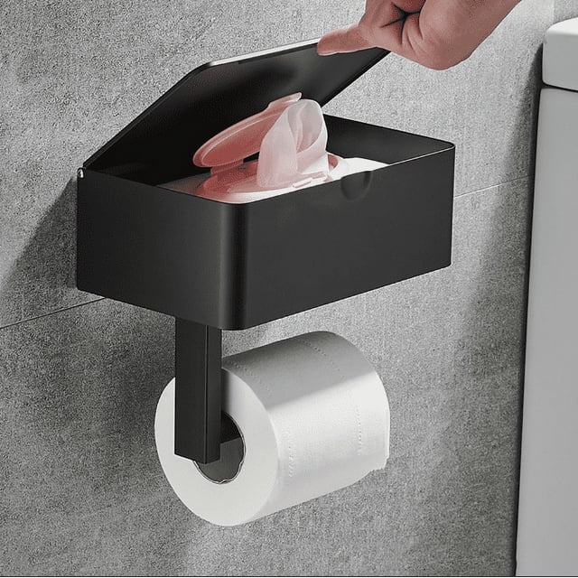 Portarrollos de Papel Higiénico de Pared en Negro - Portarrollos de Papel Higiénico de Acero Inoxidable con Estantes Amplios, Portarrollos de Papel Higiénico de Pared para Inodoros y Cocinas (Perforado/Sin Perforar) oso de fresa Electrónica