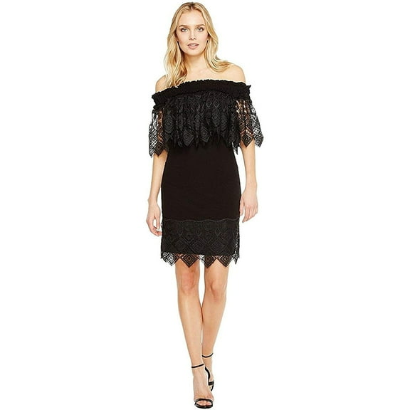 Badgley Mischka Off The Shoulder Silk Dress Trimmed in Lace, Black, 2