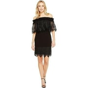 Badgley Mischka Off The Shoulder Silk Dress Trimmed in Lace, Black, 2