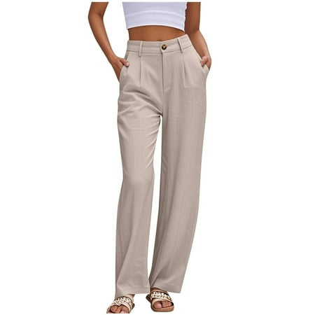 VSSSJ Womens Dress Pants Button Front Zipper Fly Straight Leg Pants Elastic Waist Wide Leg Comfortable Professional Office Work Trousers With Pockets Khaki XXL