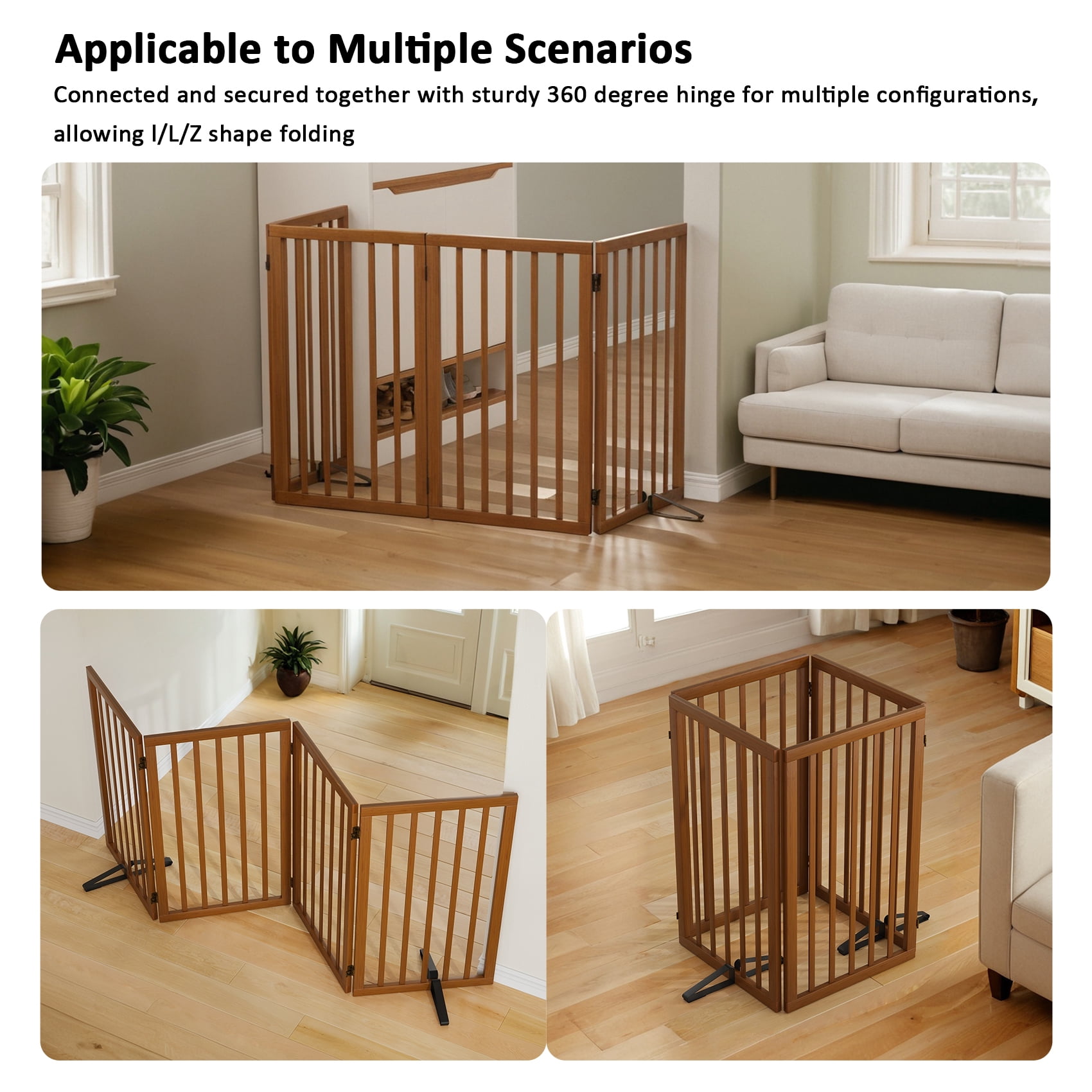 Smart FENDEE Bamboo Dog Gate Freestanding 4 Panel Pet Gate with 2 Support feet, 33" Tall, Walnut