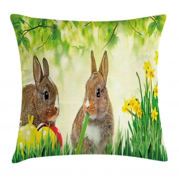 Easter Bunny Throw Pillow Cushion Cover, Brown Litte Rabbits Meadow Green Grass Spring Easter Photography, Decorative Square Accent Pillow Case, 18" X 18", Multicolor Fern Green, by Ambesonne