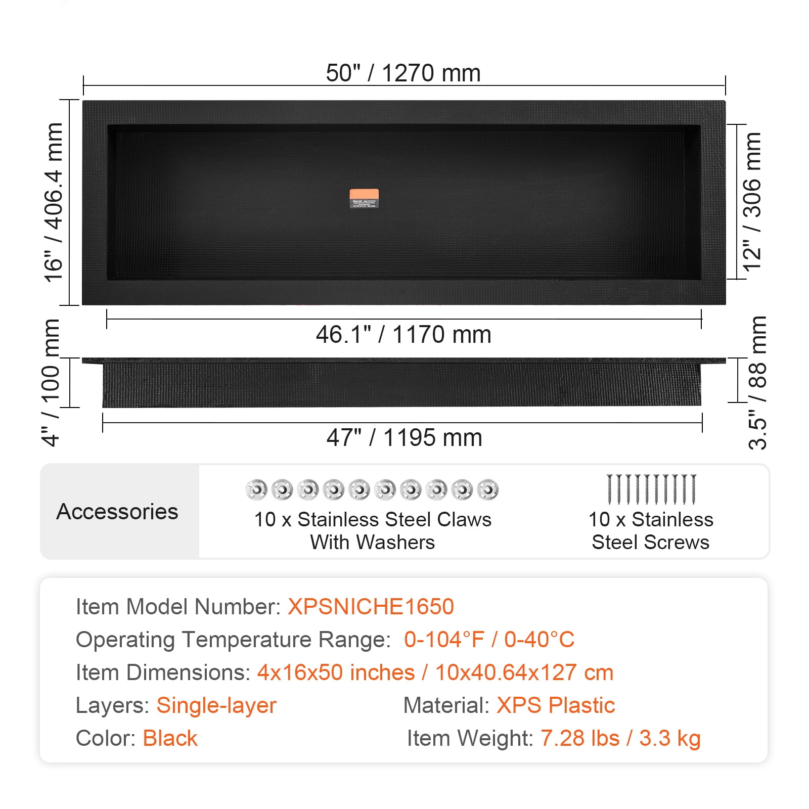 SKYSHALO Tile-Ready Shower Niche, 16" x 50", Single Shelf, Square Corner Design, Wall Recess for Sleek Soap & Shampoo Storage, Sealed for Enhanced Protection, Contemporary Black Finish for Bathrooms