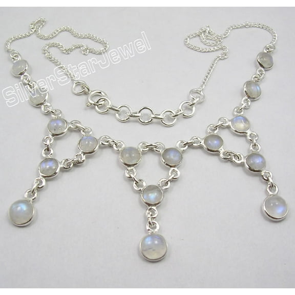 SilverStarJewel 925 Sterling Silver Round Rainbow Moonstone Necklace 17.7" 13.2 Grams