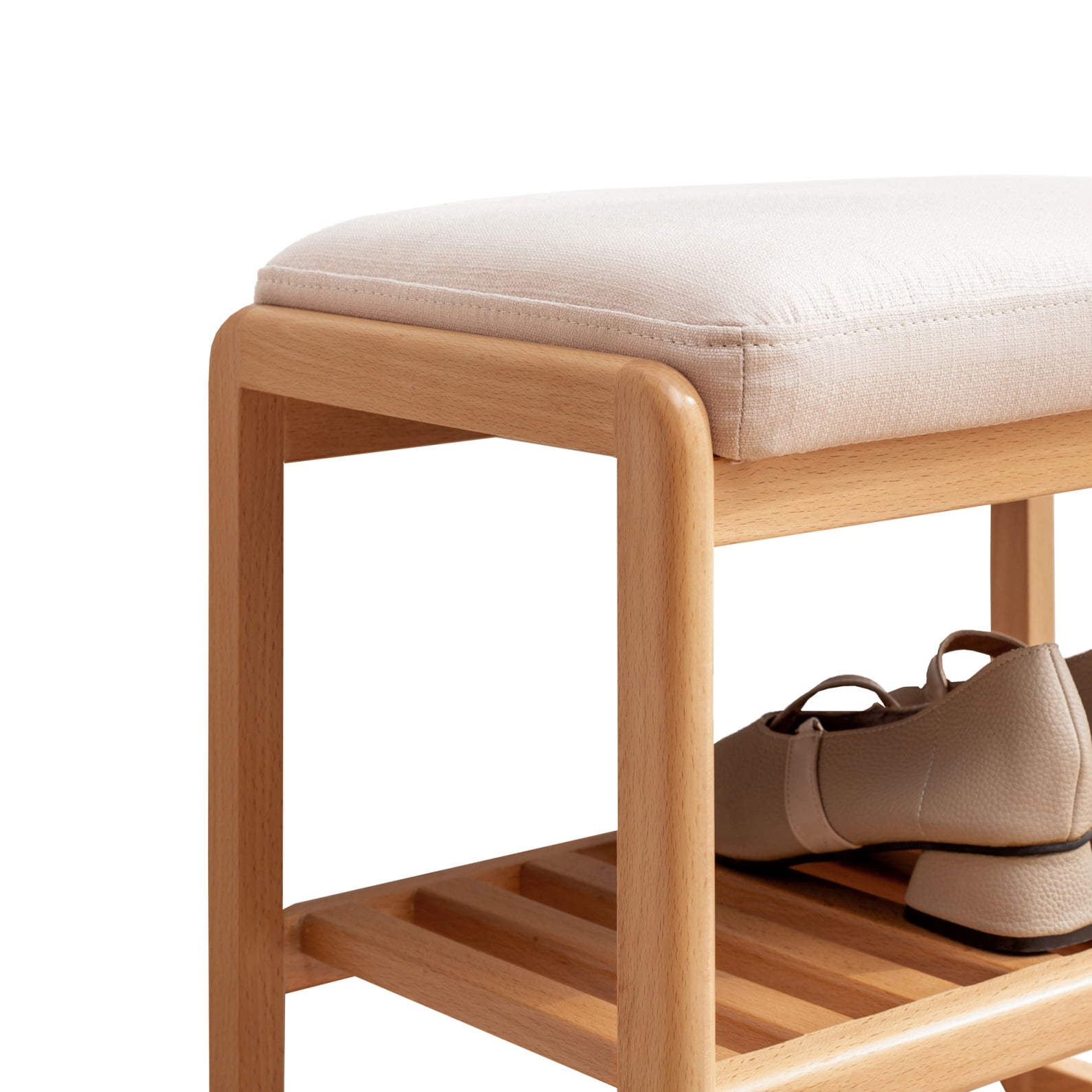 Natural Solid Wood Shoe Bench Rack with Storage, Beech Wood Shoe Bench Entryway Storage Bench with High Rebound Sponge Cushion, 27.5" Shoe Storage Bench Rack Organizer for Entryway Bathroom Bedroom