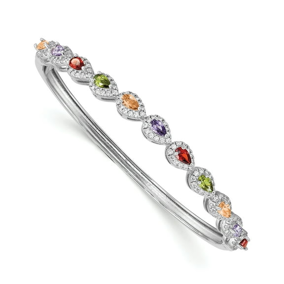 Sterling Silver Rhodium-plated Multi-Color CZ Hinged Bangle