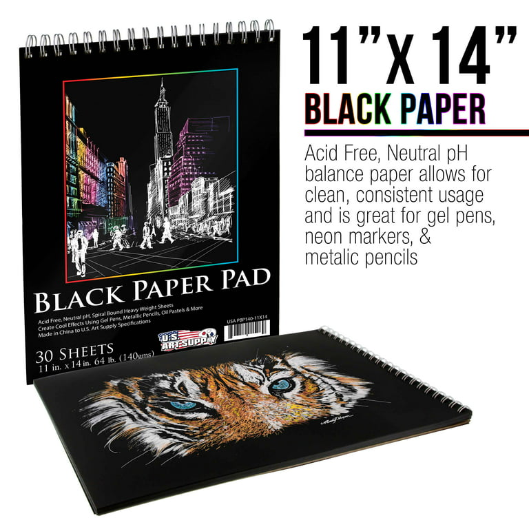 US Art Supply 11 in. x 14 in. Premium Black Heavyweight Paper Spiral Bound Sketch Pad, 140gsm, 64 Pound, 30 Sheets (Pack of 2 Pads)
