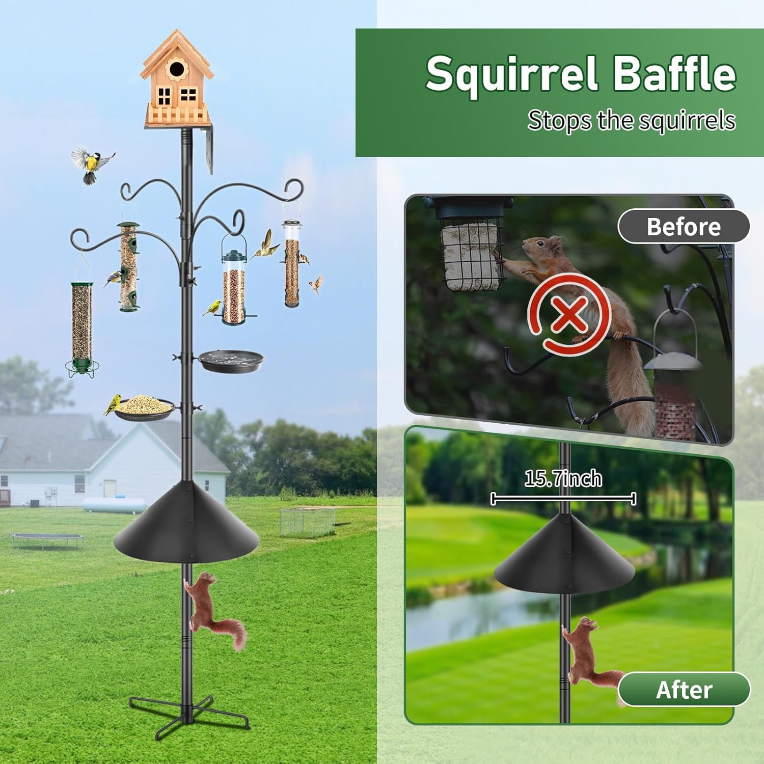 KOLAKO Bird Feeder Pole, 92 inch Squirrel Proof Adjustable Bird House Stand, Heavy Duty Metal Bird Feeder Hanger, Garden Shepherd Hooks with Baffle for Outdoor, Black