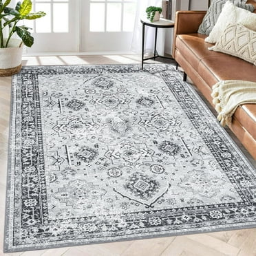 GlowSol 5'x7' Area Rug Vintage Boho Rug Soft Faux Wool Floral Print Distressed Area Rug Low Pile Anti-Slip Carpet Bedroom Rug, Gray