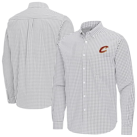 Men's Antigua Gray Cleveland Cavaliers Ellis Woven Tri-Blend Button-Down Shirt