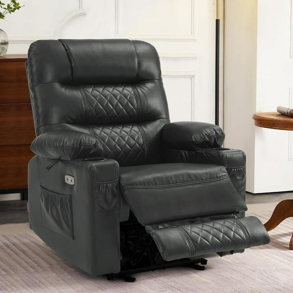 MCombo Power Recliner Faux Leather Living Room Electric Reclining Chair, No Lift, 621 (Dark Grey)