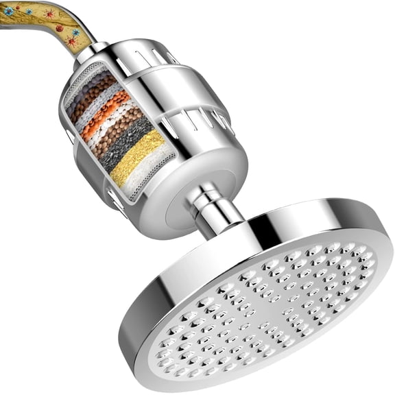 Shower Head and 15 Stage Shower Filter Combo, 6 Inch High Pressure Rainfall Shower Head with Water Softener Filter for Hard Water, Remove Chlorine and Harmful Substances, Chrome
