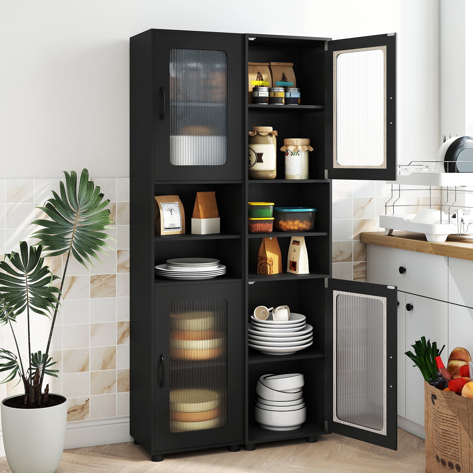 Costway Bathroom Cabinet, Slim Floor Storage Cabinet with 2 Fluted Doors,4 Rubber Feet Black