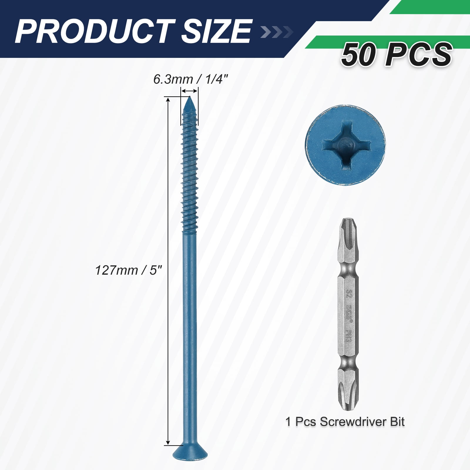 Uxcell 50 Set Concrete Screws and Screwdriver Bit, 1/4"x5"Carbon Steel Hexagonal Flange Concrete Self-Tapping Screw with Screwdriver Bit for Concrete Brick Block Stucco Wall, Blue