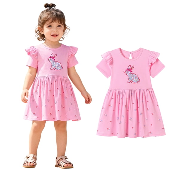 Toddler Easter Dress Girls Ruffle Short Sleeve Bunny Print Dress Crew Neck Mini Dress Girls Spring Dress 1-2 Years Girl Dresses