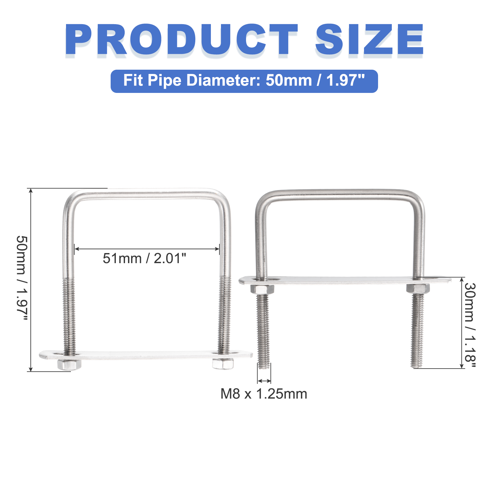 Uxcell 6 Sets M8 Square U-Bolts, 2.01" Inner Width 1.97" Length 304 Stainless Steel U Clamp Bolts with Nuts, Plates and Wrench
