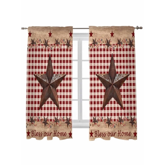 Country Star Farm Curtains 63 Inch Length,Sheer Curtains for Bedroom Living Room Window Farmhouse Plaid Texas Vintage Fruit Rod Pocket Drapes Kitchen Curtains Small Half Window 42"x63" 2 Panels