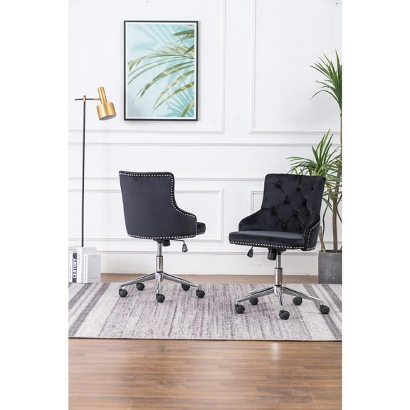 Swivel Office Chair in Black Velvet with Stainless Steel and Tufted Seat