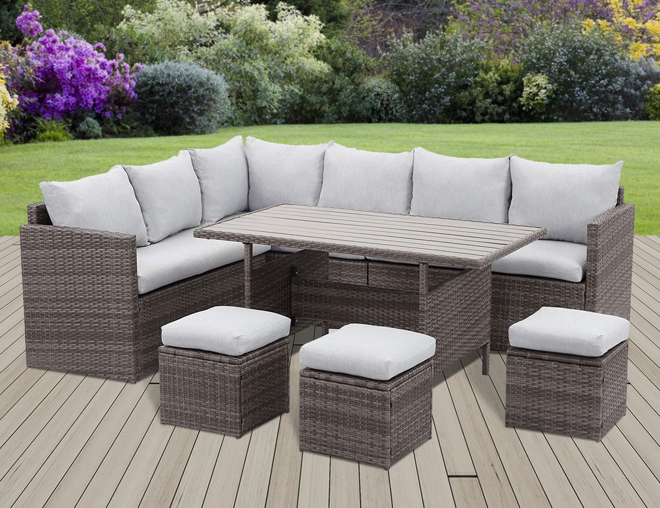 CozyHom 7 Pcs Outdoor Sectional Dining Sectional Sofa Furniture Set, Outdoor Patio Rattan Wicker Sectional Conversation Couch With Dining Table, Gray