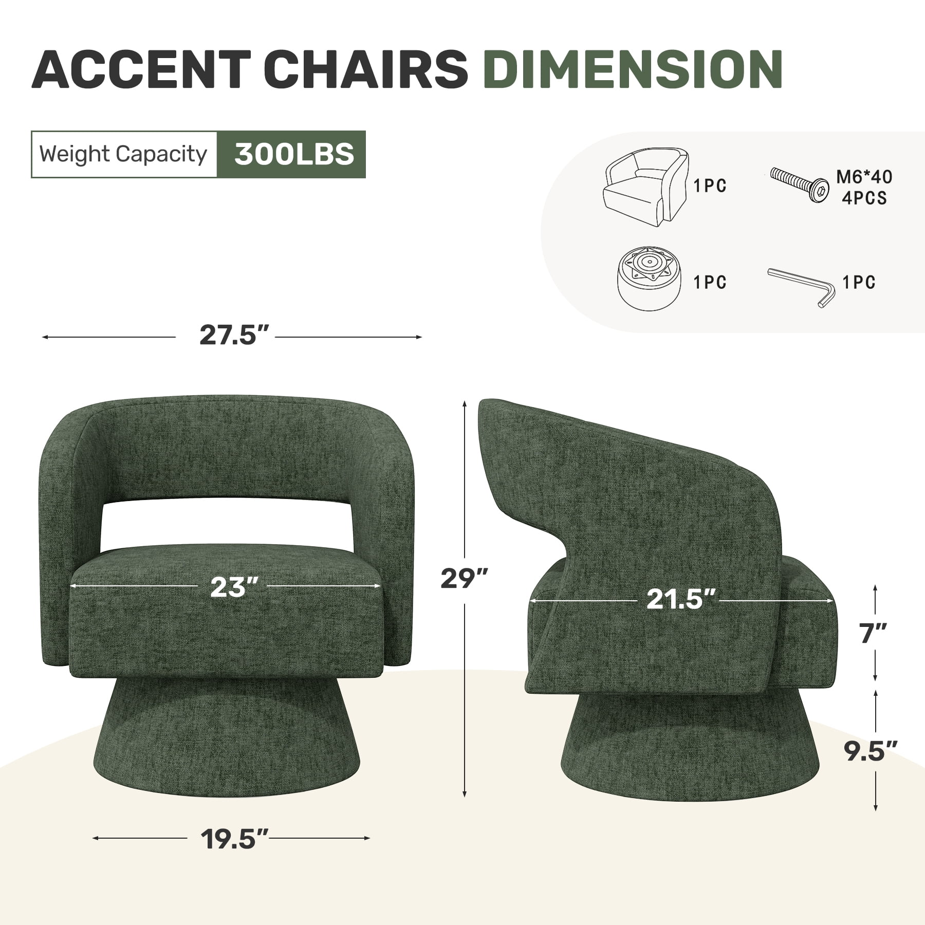 MOONMISS Oversized Chenille Swivel Barrel Accent Chair,Modern Comfy Round Arm Upholstered Armchair for Living Room,Green