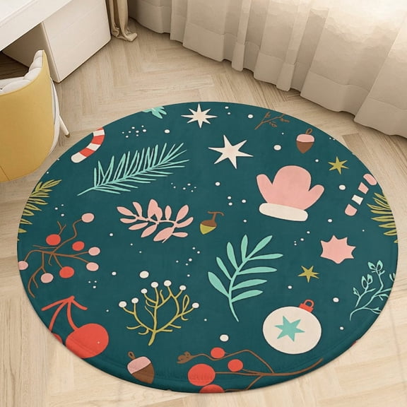 Christmas Pattern Snowflakes Christmas Trees Cartoon Santa Round Area Rugs for Bedroom Living Room, 3FT Soft Indoor Circle Carpets, Carpet Home Decor Floor Mat