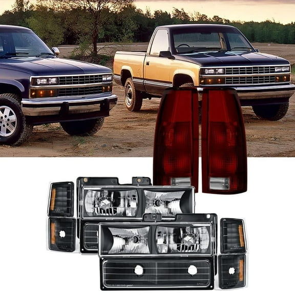 Nilight Headlight and Taillight Assembly Combo Compatible with 1994 1995 1996 1997 1998 Chevy Silverado Tahoe Suburban C10 C/K 1500 2500 3500 Tail Light Black Housing Amber Reflector Bumper Lamp