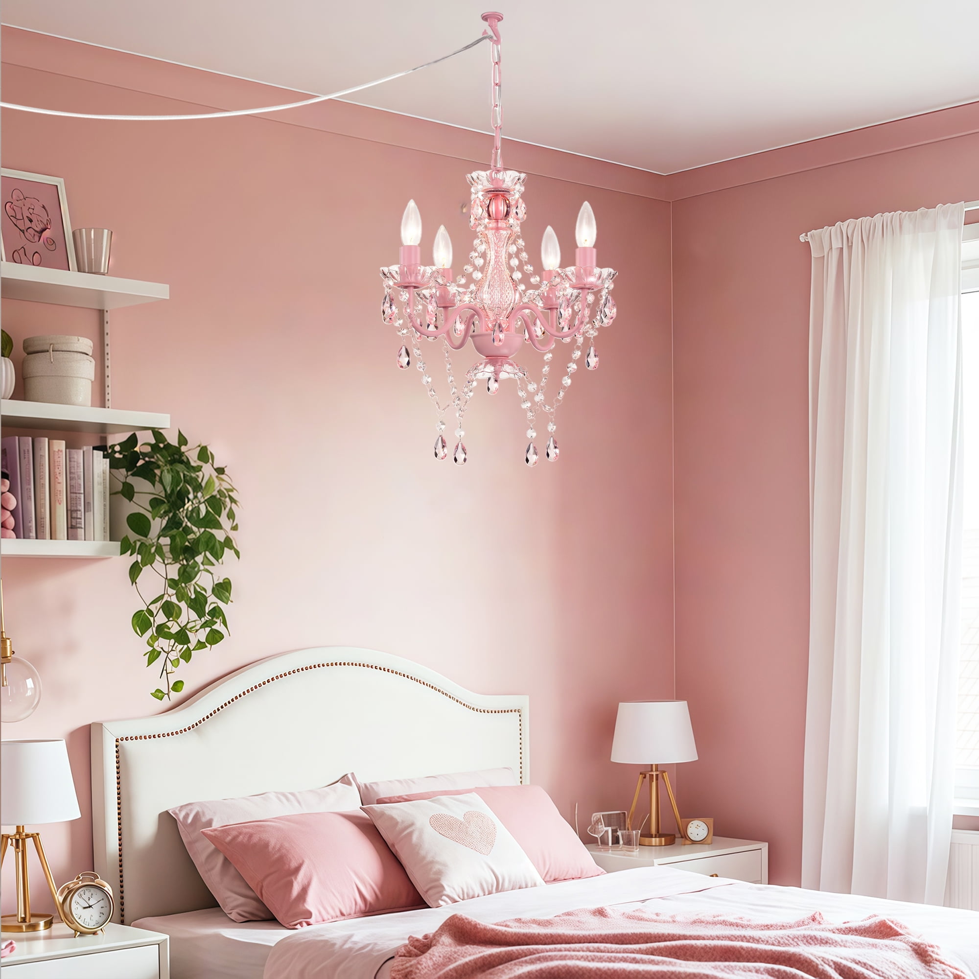 LALULA Modern Pink Finish Plug-In Crystal Chandelier 5-Light Acrylic Hanging Light Fixture with Cord for Bedroom Dining Room