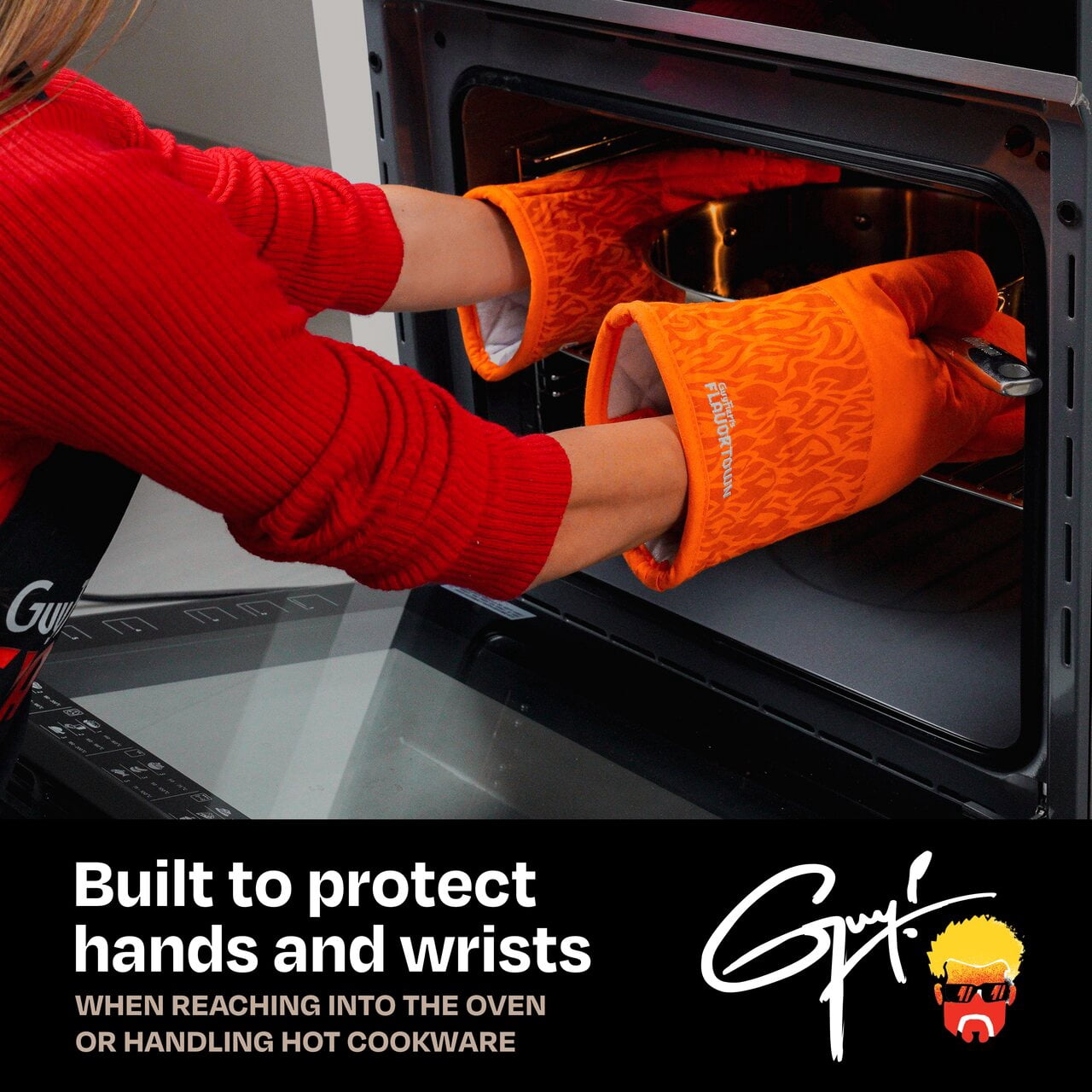 Guy Fieri's Flavortown Kitchen Essentials Bundles, Orange Flame 4-Piece Set, 2 Oven Mitts & 2 Pot Holders, High Heat Resistant up to 450°F