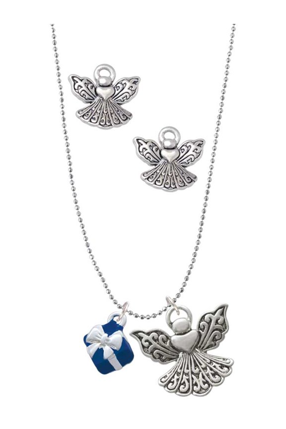 Silvertone Small 3-D Blue Present Box with Bow Silver tone Guardian Angel Charm Necklace and Stud Earrings