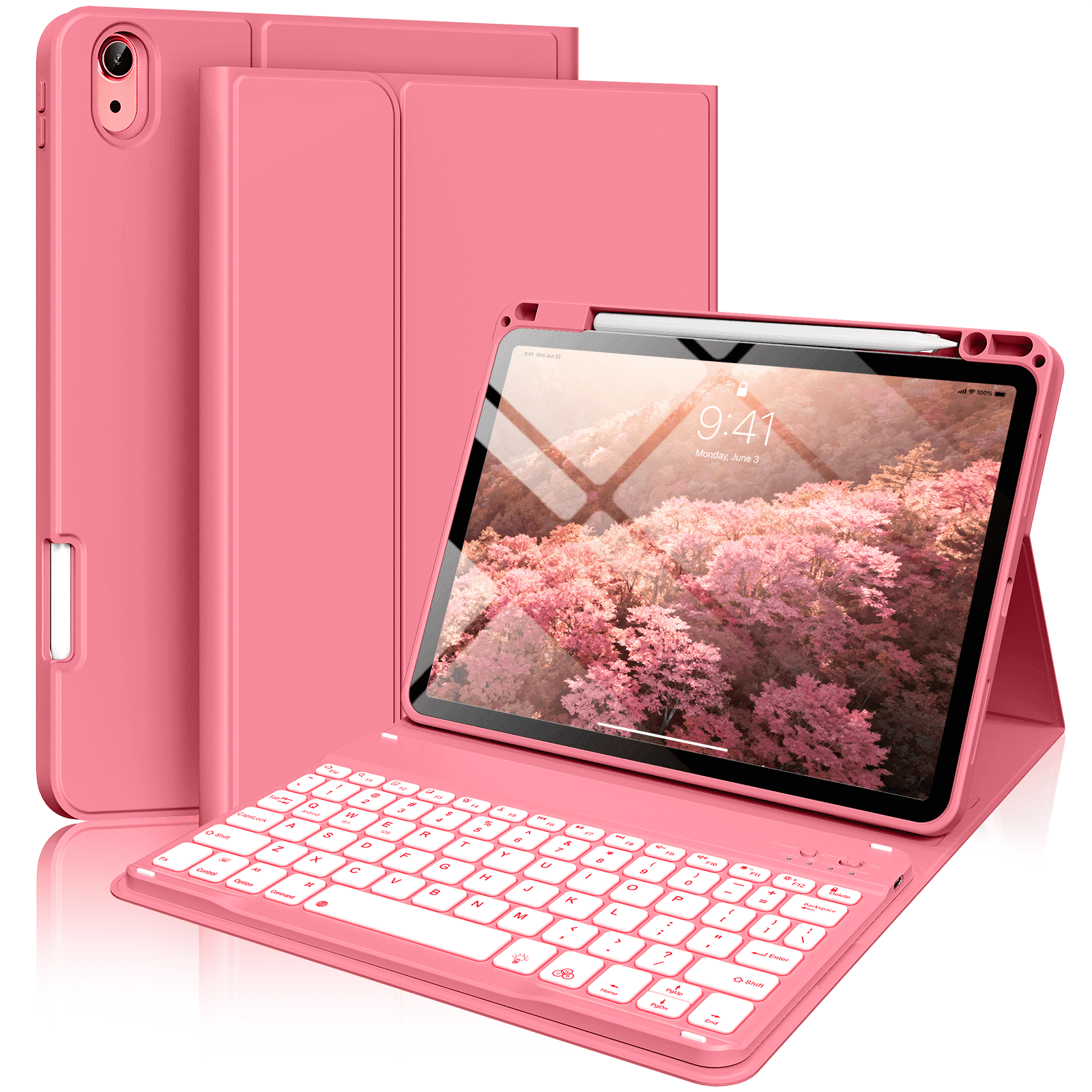 Kenke Keyboard Case for iPad Air 11-inch M4/M3/M2 (2026/2025/2024), iPad Air 5th/4th Generation (2022/2020) -with Pencil Holder,7 Colors Backlit Keyboard,Wireless Detachable Keyboard Cover, Pink Red