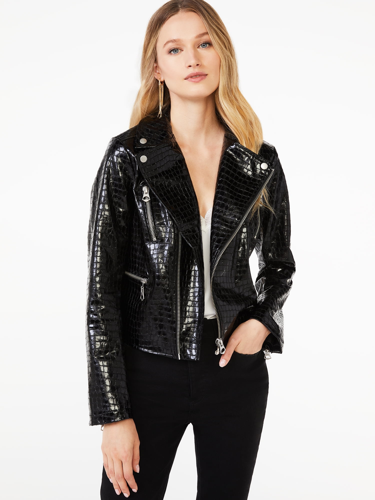 Scoop Women's Faux Leather Shine Croc Moto Jacket - Walmart.com