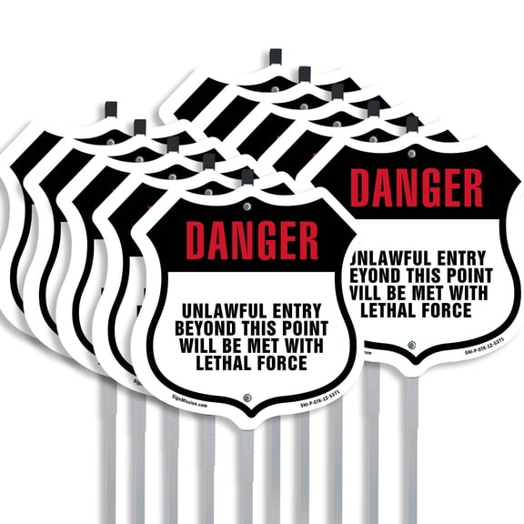 Danger Unlawful Entry Beyond This Point Will Be Met With Lethal Force (10 Pack) 12 inch X 12 inch Shield Shaped Commercial Grade Plastic Signs with Aluminum Mounting Stakes Weather