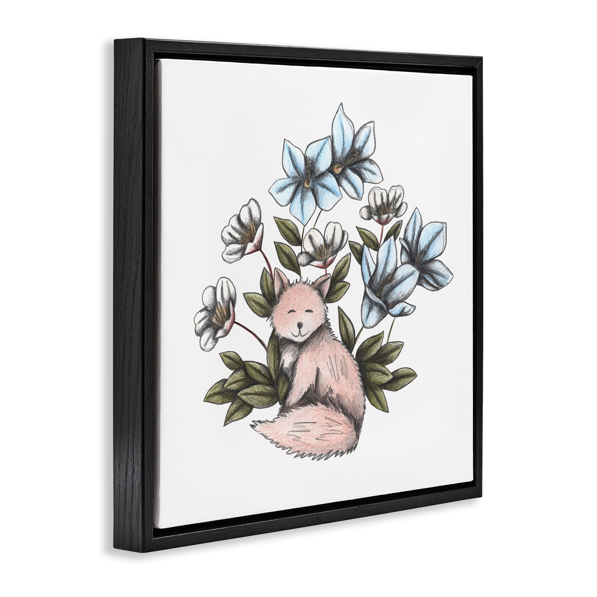 Gentle Fox with Flowers Black Framed Floater Canvas Wall Art, design by Cecilia Battaini
