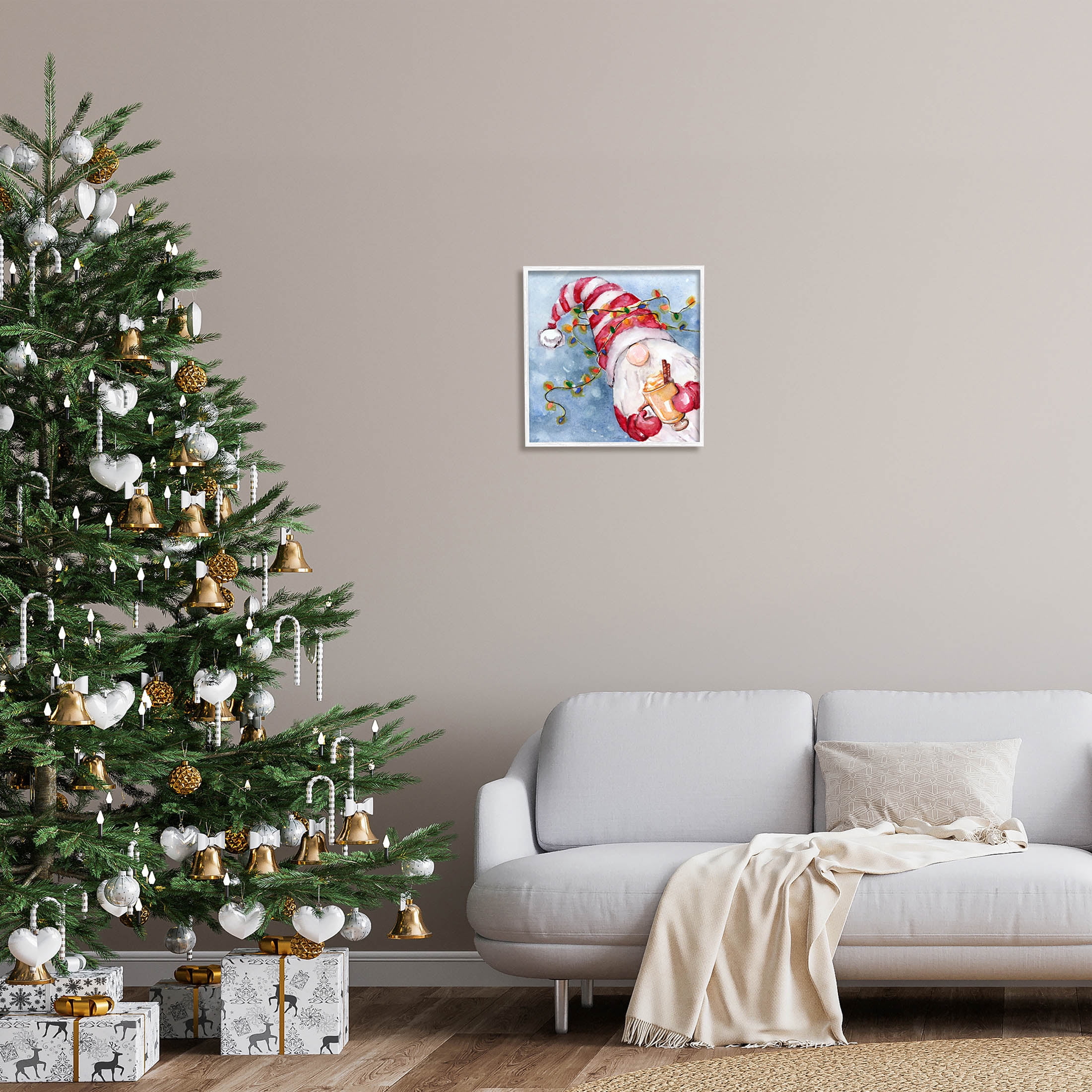 Stupell Industries Santa Gnome Holiday Lights Graphic Art White Framed Art Print Wall Art, Design by Stella Chang