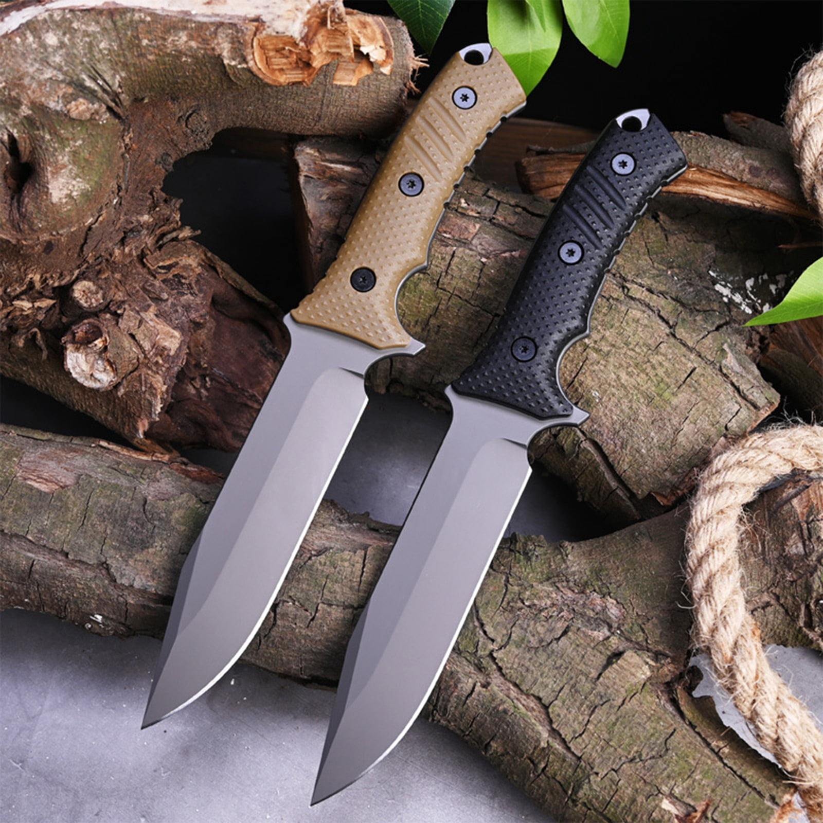 Fixed Blade AUS-10 Steel Knives with Sheath,Big Full Tang Bushcraft Knife with Sheath Hunting Knife with Handle for Camping, Survival, Fishing(Khaki)
