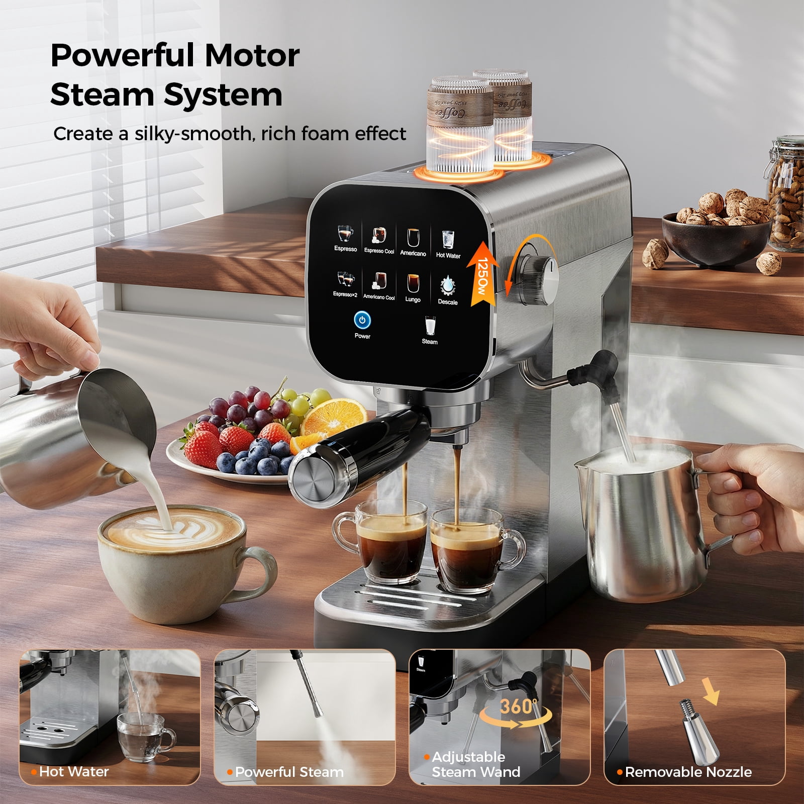 Espresso Machine with Cold Brew, 20 Bar Coffee Maker Machine with Steam Milk Frother, Patbrela LED Touch Screen, Cappuccino/Latte/ for Home