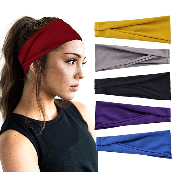 Headbands for Women Men LSQii Adjustable Sports Elastic Solid Color Wide Head Wrap Black Hair Band Sweat Bandana Wicking for Yoga Gym Running