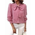 thumbnail image 3 of Womens Tie Neck Long Sleeve Shirts Casual Work Blouses Tops Red XL, 3 of 9