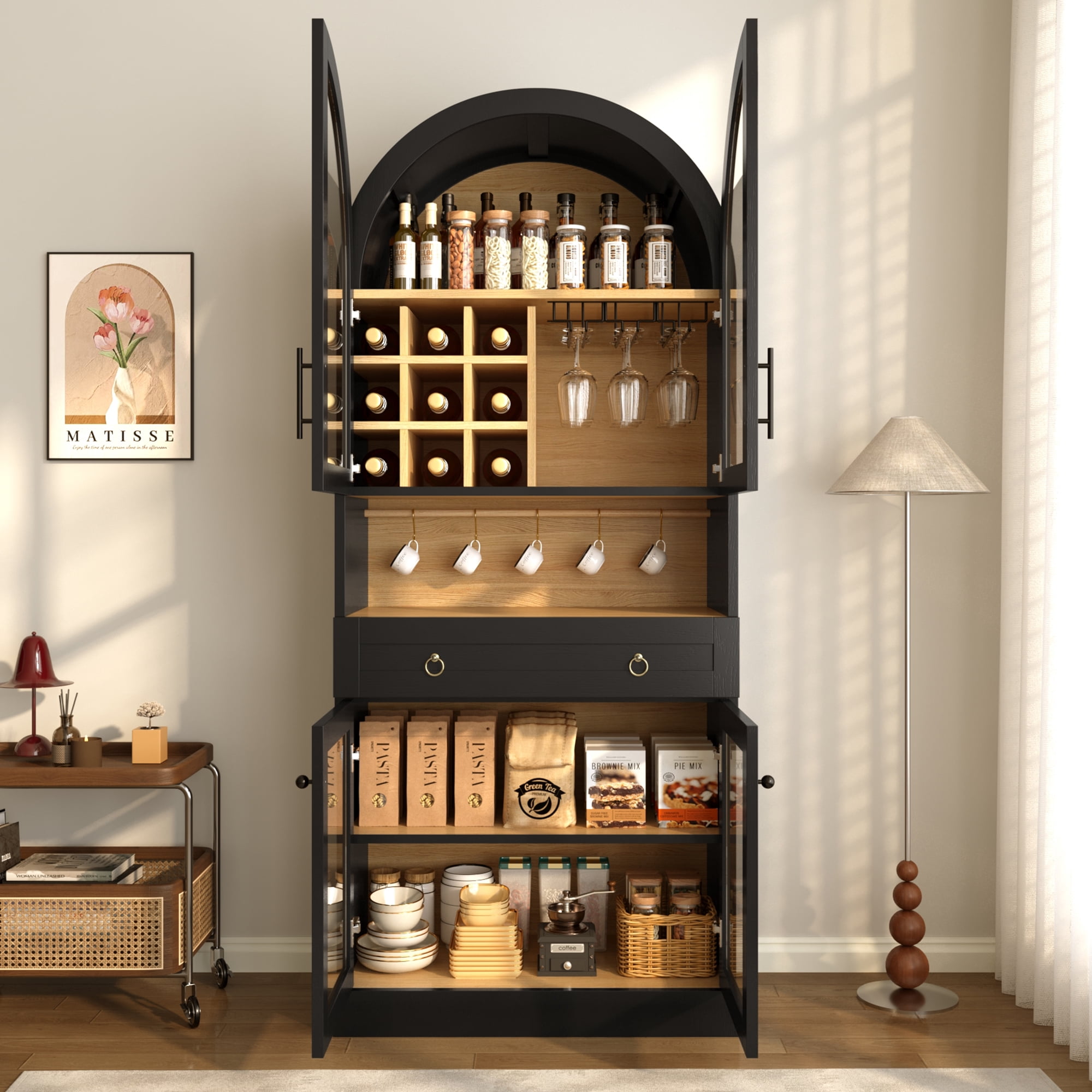 Mintazer 70" Tall Arched Bar Cabinet with Tempered Glass Doors, Freestanding Storage Buffet Sideboard with Removable Wine Rack & Cup Hooks for Dining Room Kitchen Living Room, Black